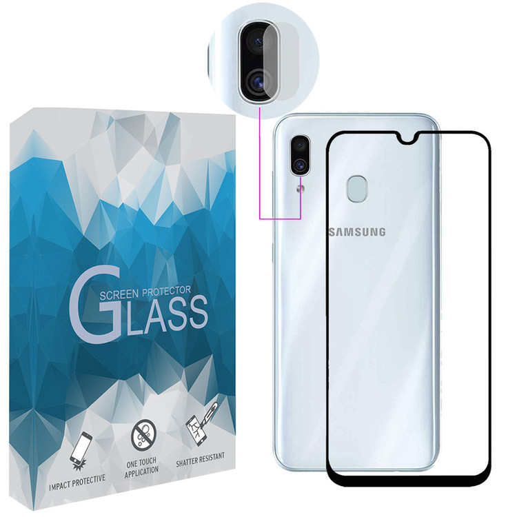 محافظ صفحه نمایش مدل FLGSP مناسب برای گوشی موبایل سامسونگ Galaxy A30 به همراه محافظ لنز دوربین