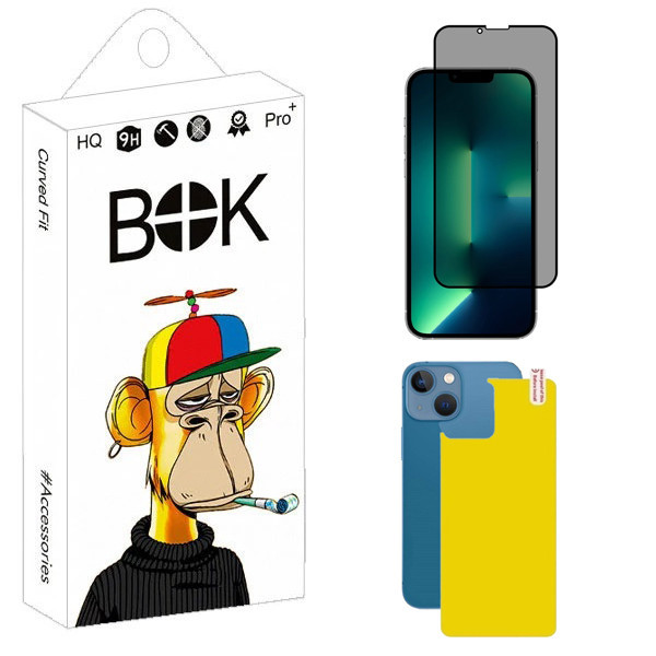 محافظ صفحه نمایش حریم شخصی بوک مدل Carbon Plus مناسب برای گوشی موبایل اپل iPhone 13 به همراه محافظ پشت گوشی