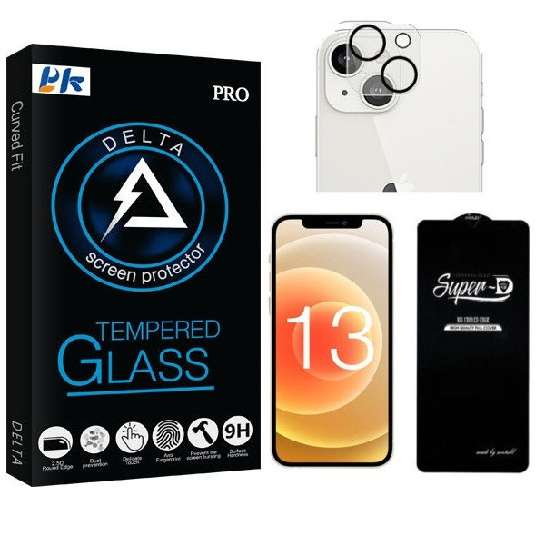 محافظ صفحه نمایش پی کی مدل دلتا SUPER-D مناسب برای گوشی موبایل اپل iPhone 13 به همراه محافظ لنز دوربین