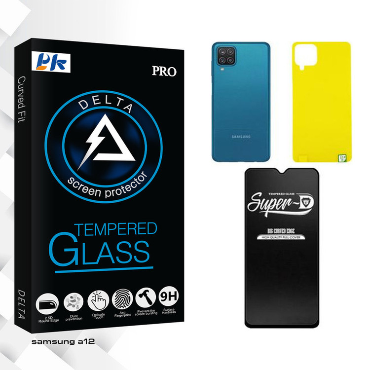 محافظ صفحه نمایش شیشه ای پی کی مدل Delta Super-D مناسب برای گوشی موبایل سامسونگ GALAXY A12 به همراه محافظ پشت گوشی