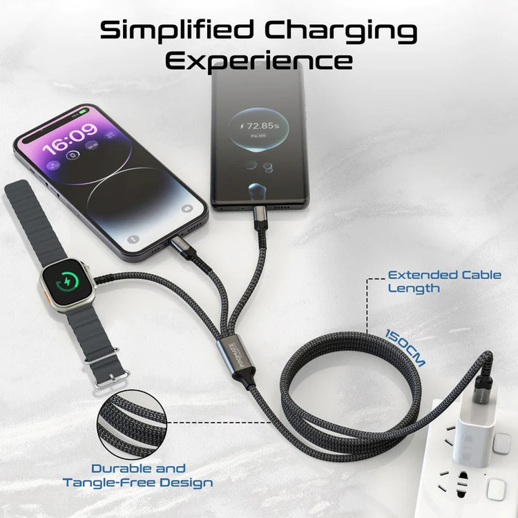 کابل تبدیل USB-C به USB-C/ پد شارژ اپل واچ/ لایتنینگ پرومیت مدل ICHARGE-TRIO طول 1.5 متر