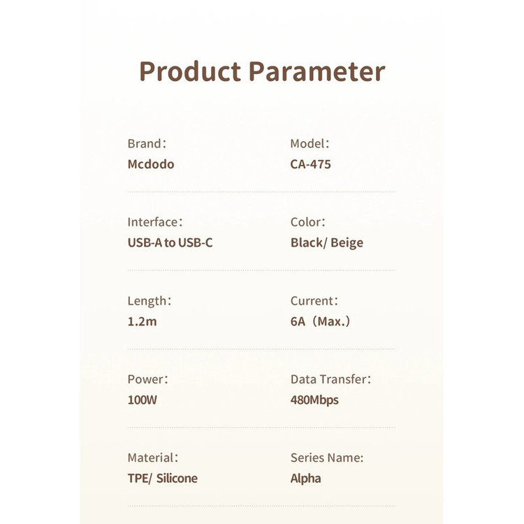 کابل تبدیل USB به USB-C مک دودو مدل CA-475 طول 1.2 متر
