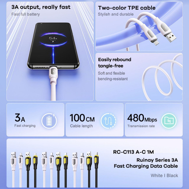 کابل تبدیل USB به USB-C ریمکس مدل RC-C113 A-C طول 1 متر
