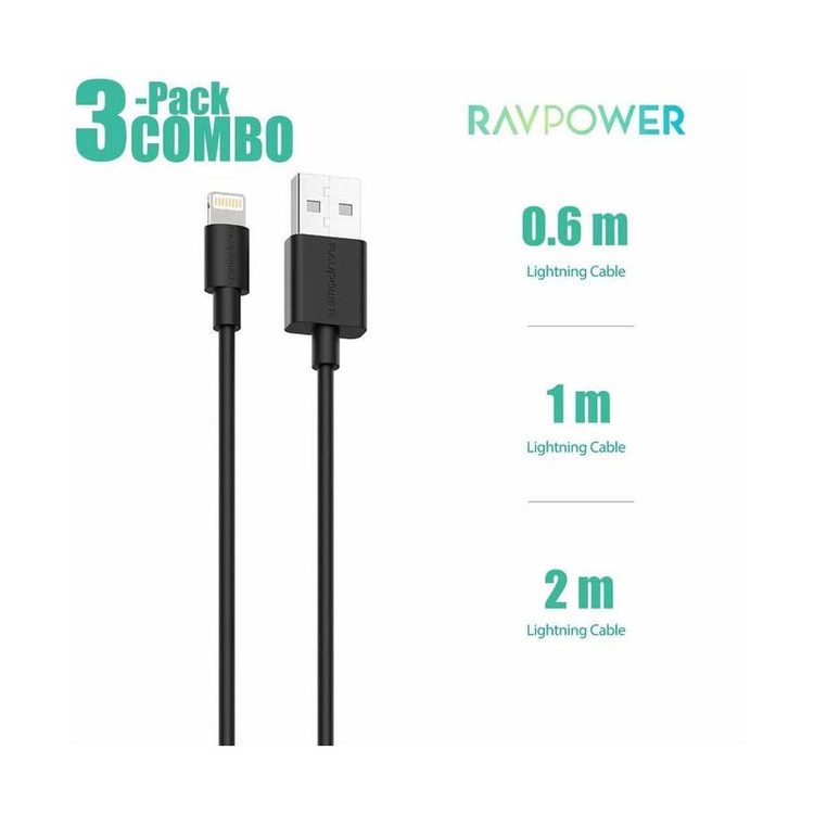 کابل تبدیل USB به لایتنینگ راوپاور مدل RP-CB045 مجموعه ۳ عددی