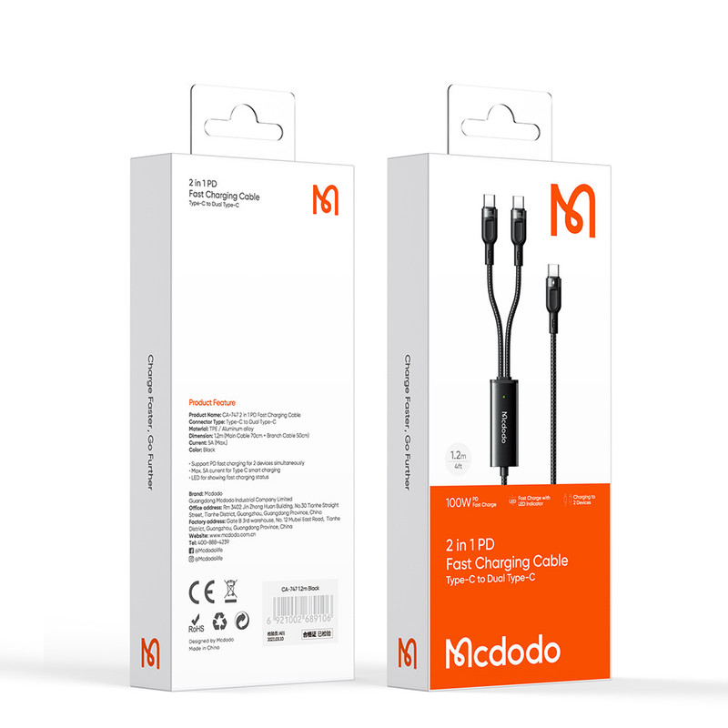 کابل تبدیل 1 به 2 USB-C مک دودو مدل CA-7470 طول 1.2 متر