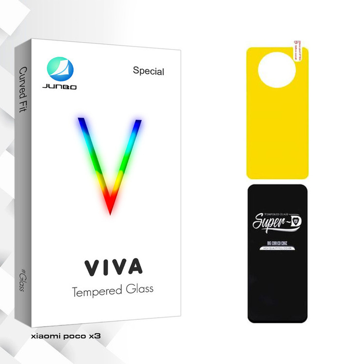 محافظ صفحه نمایش شیشه ای جانبو مدل Viva Super D مناسب برای گوشی موبایل شیائومی Poco X3 به همراه محافظ پشت گوشی