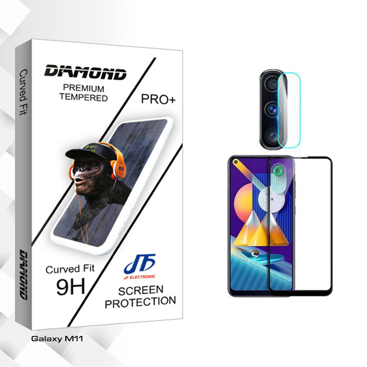 محافظ صفحه نمایش سرامیکی شفاف جی اف مدل Diamond Pro مناسب برای گوشی موبایل سامسونگ Galaxy M11 به همراه محافظ لنز دوربین