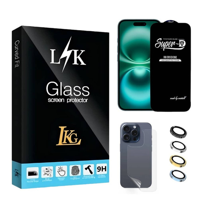 محافظ صفحه نمایش ال کا جی مدل سوپر دی مناسب برای گوشی موبایل اپل iPhone 16 Pro به همراه محافظ پشت گوشی و محافظ لنز