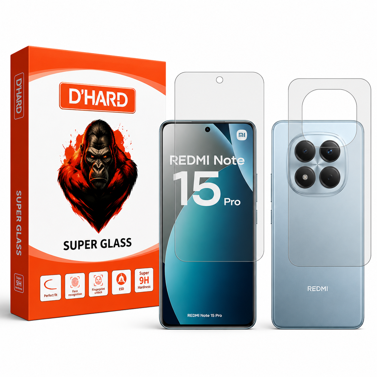 محافظ صفحه نمایش شفاف گلسD`HARD Resistant مناسب برای گوشی موبایل شیائومی Redmi Note 15 Pro 4G به همراه محافظ پشت گوشی موبایل