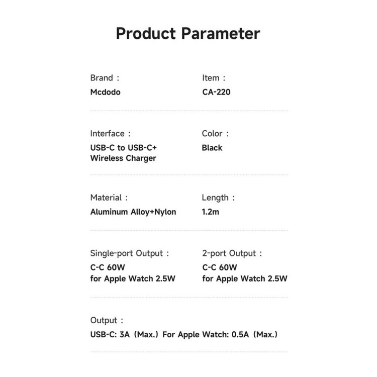 کابل شارژ USB-C مک دودو مدل CA-220 مناسب برای ساعت هوشمند اپل Series1-9 Ultra 1/2 SE