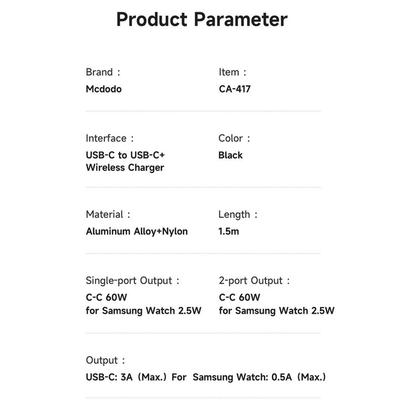 کابل شارژ USB-C مک دودو مدل CA-417 مناسب برای ساعت هوشمند سامسونگ Galaxy Watch 4-6 Fit2/3 5Pro 4/6Classic